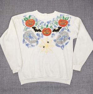 Halloween Pumpkin and Bat Graphic Crewneck Sweater. Made in USA.